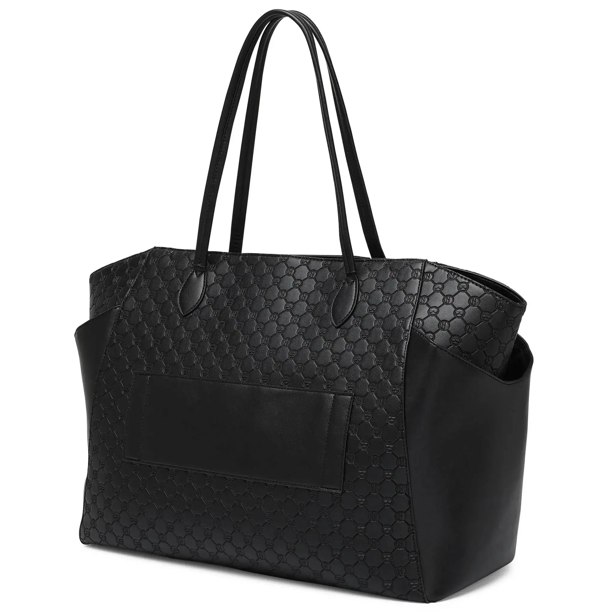 Black quilted handbag on a white background
