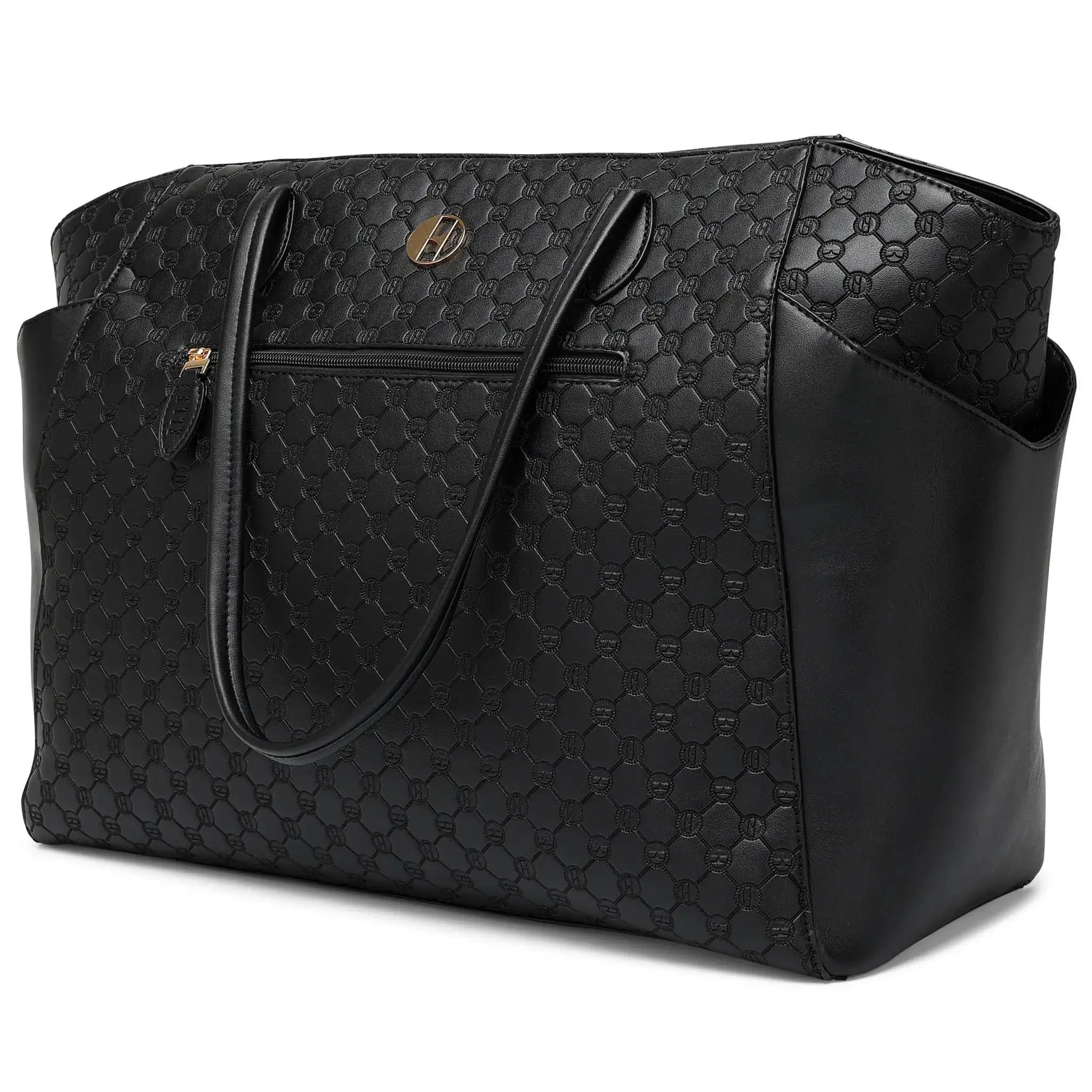 Black quilted handbag with a brand logo on a white background
