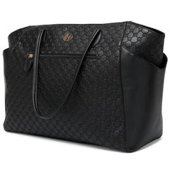 Black quilted handbag with a brand logo on a white background