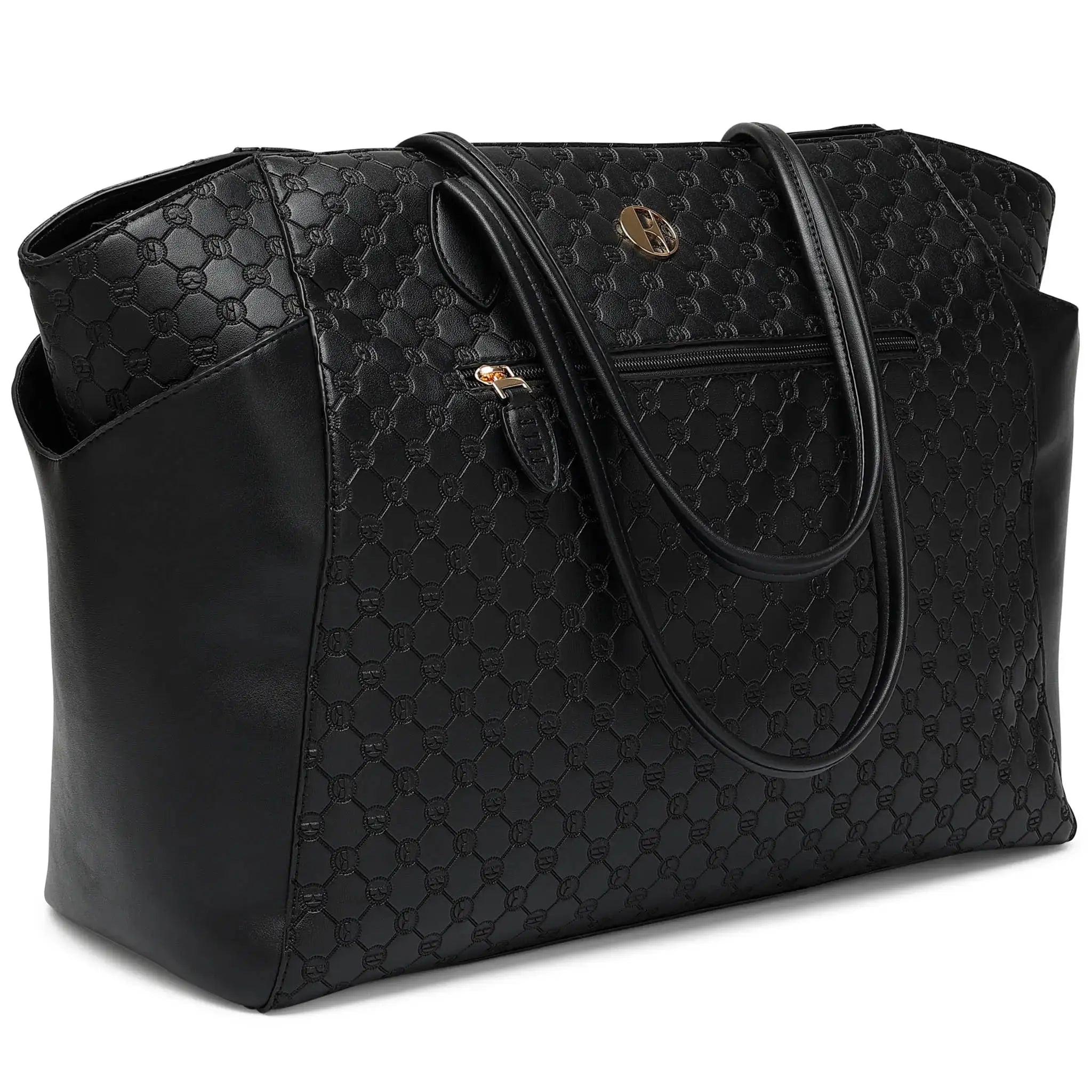 Black textured handbag with gold accents on a white background