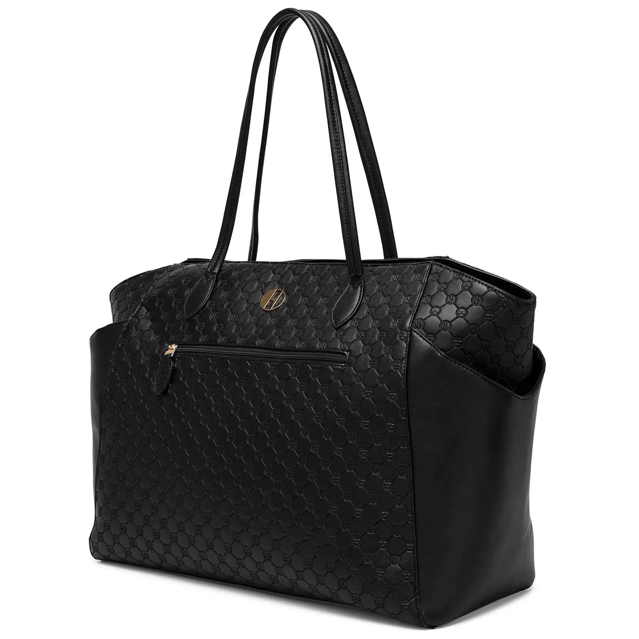 Black quilted handbag on a white background