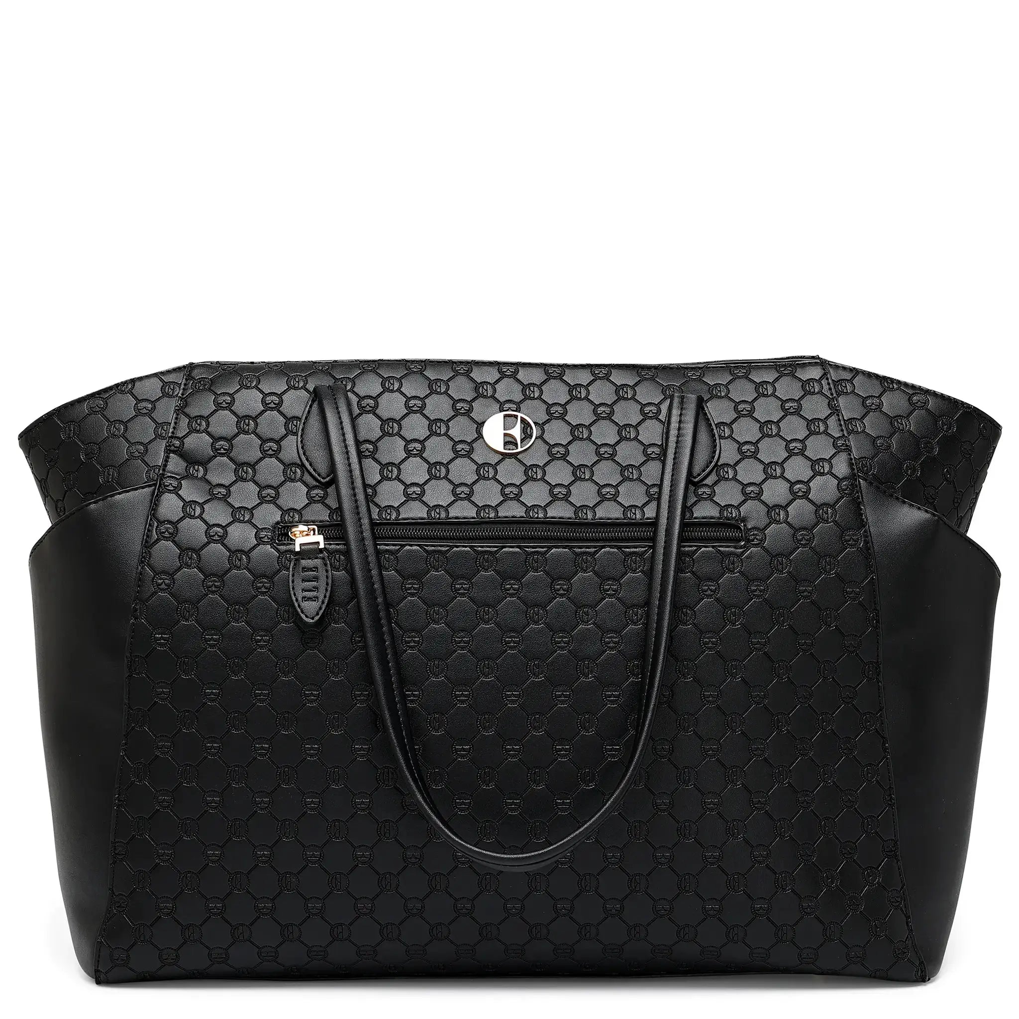 Black patterned handbag on a white background