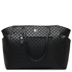 Black patterned handbag on a white background