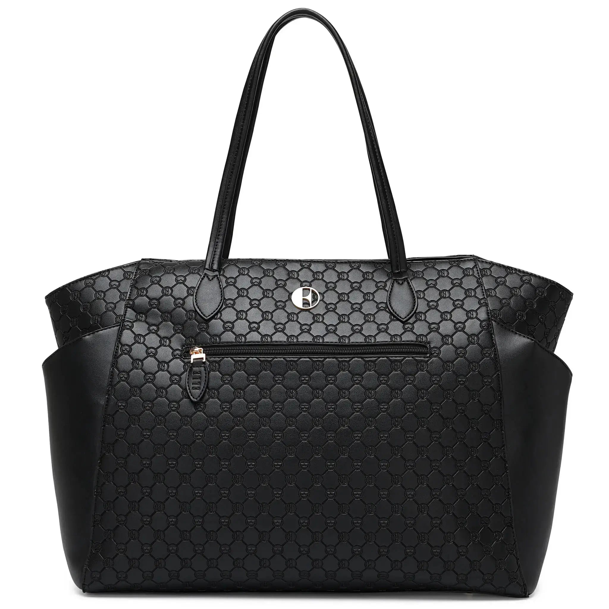 Black patterned handbag with a visible brand logo on a white background