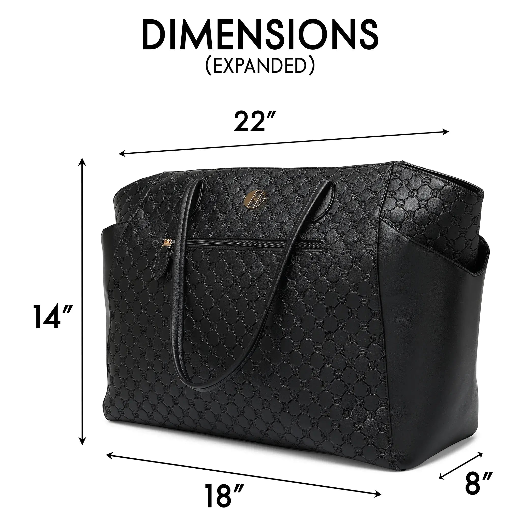Black quilted handbag with dimensions labeled on a white background