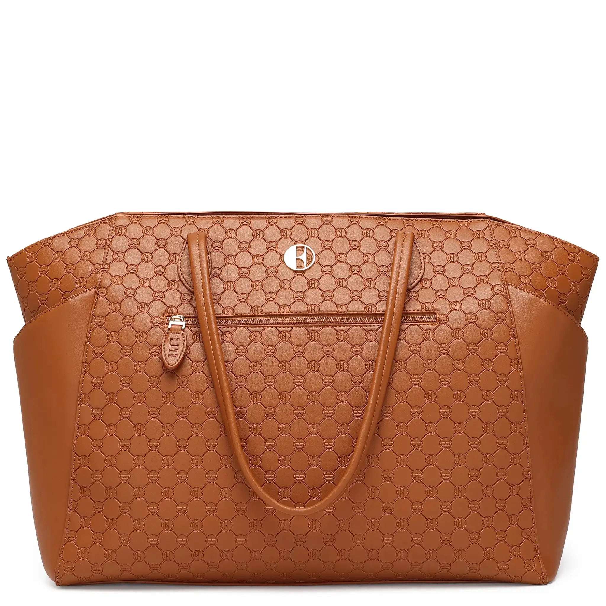 Brown patterned handbag on a white background