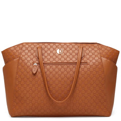 Brown patterned handbag on a white background