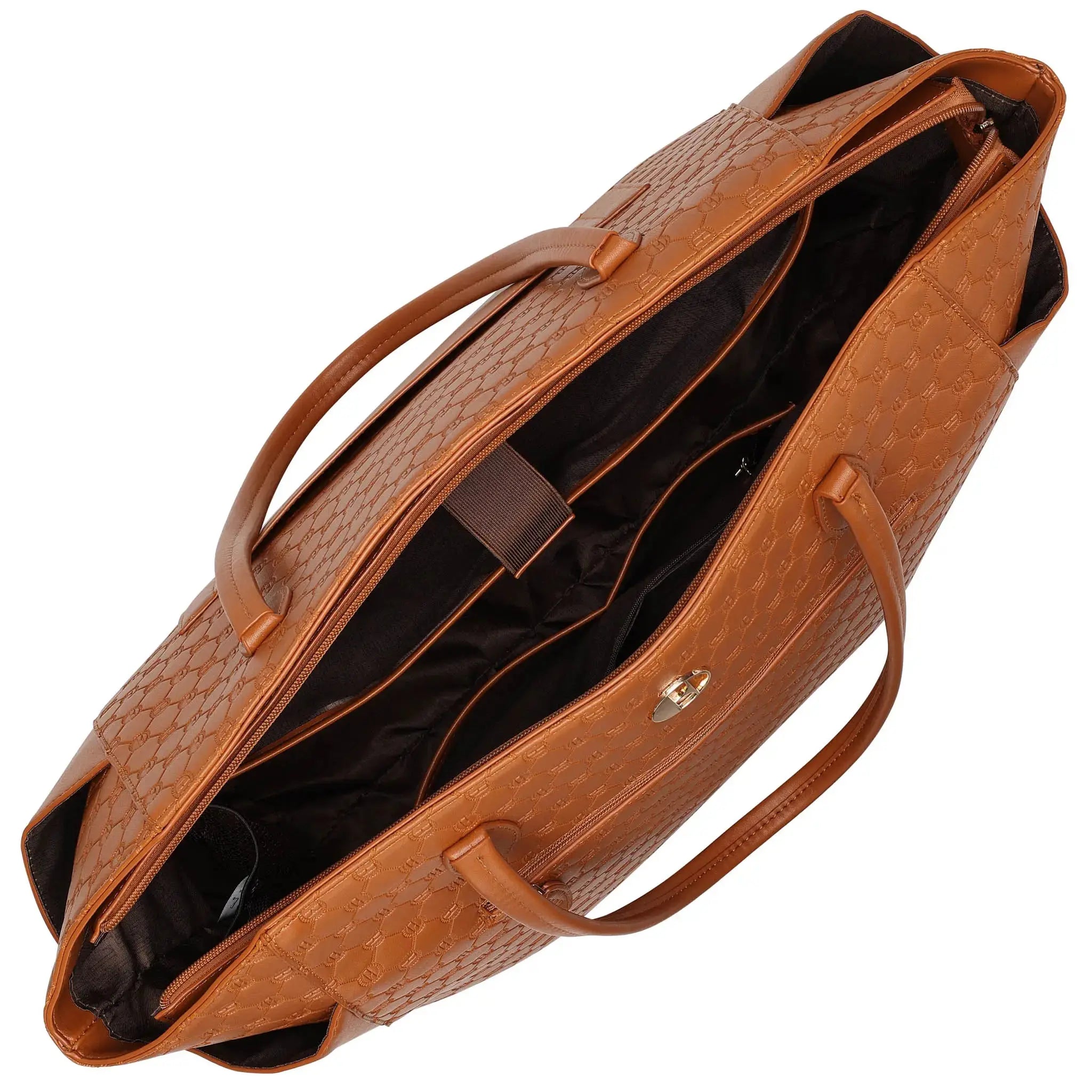 Brown textured handbag with a strap on a white background