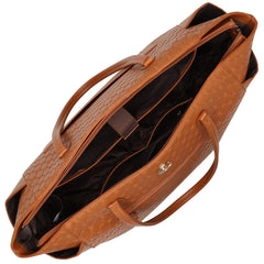 Brown textured handbag with a strap on a white background