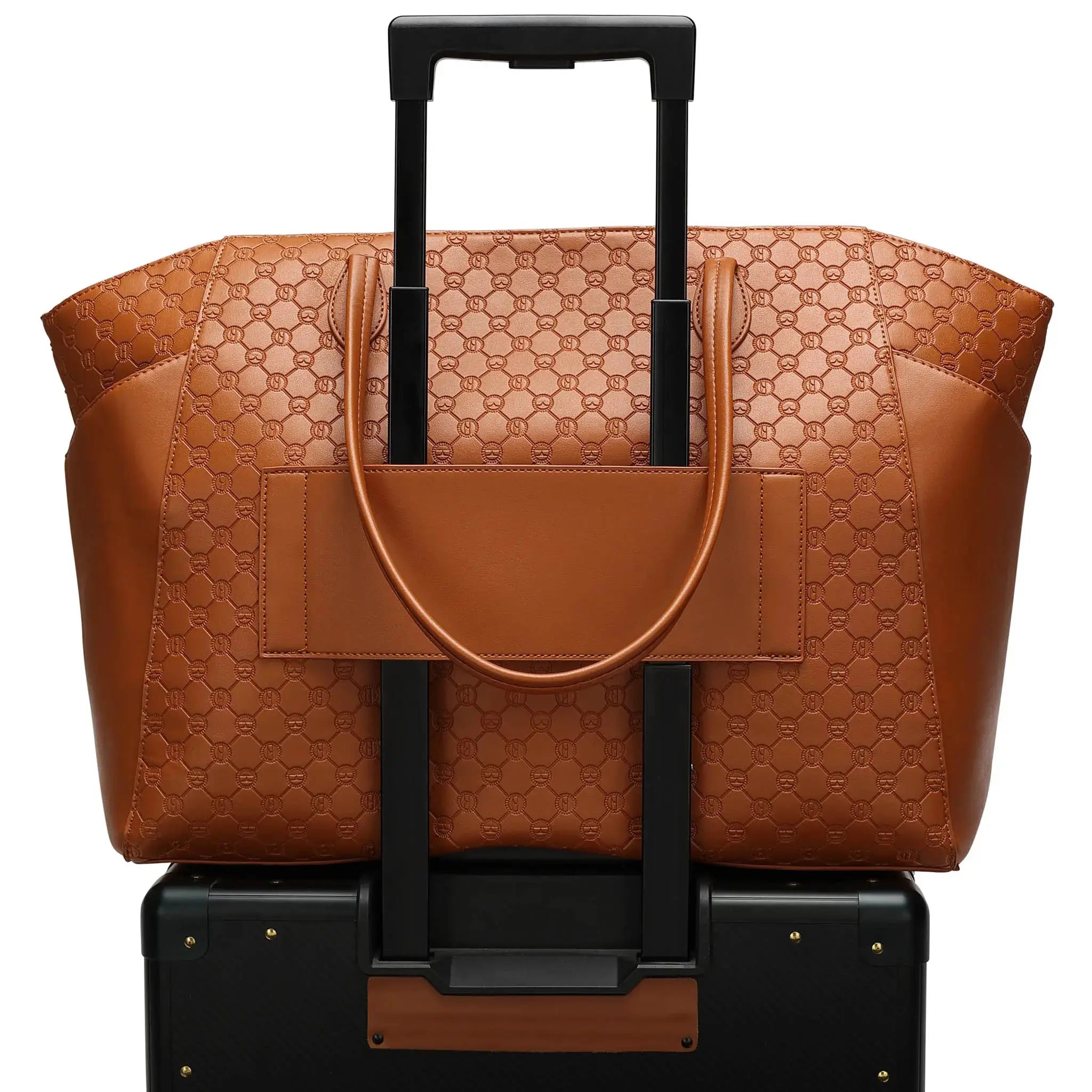 Brown textured tote bag with black handle and strap on a white background