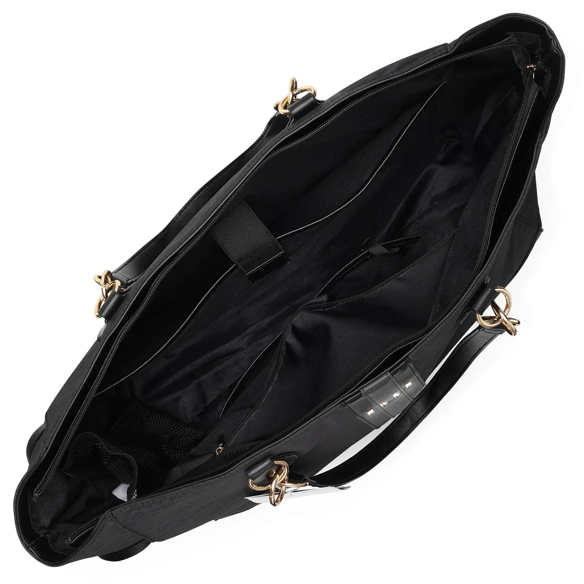 Black bag with gold hardware on a white background