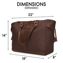 Brown tote bag with measurements on a white background