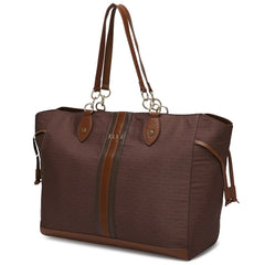 Brown tote bag with leather straps on a white background