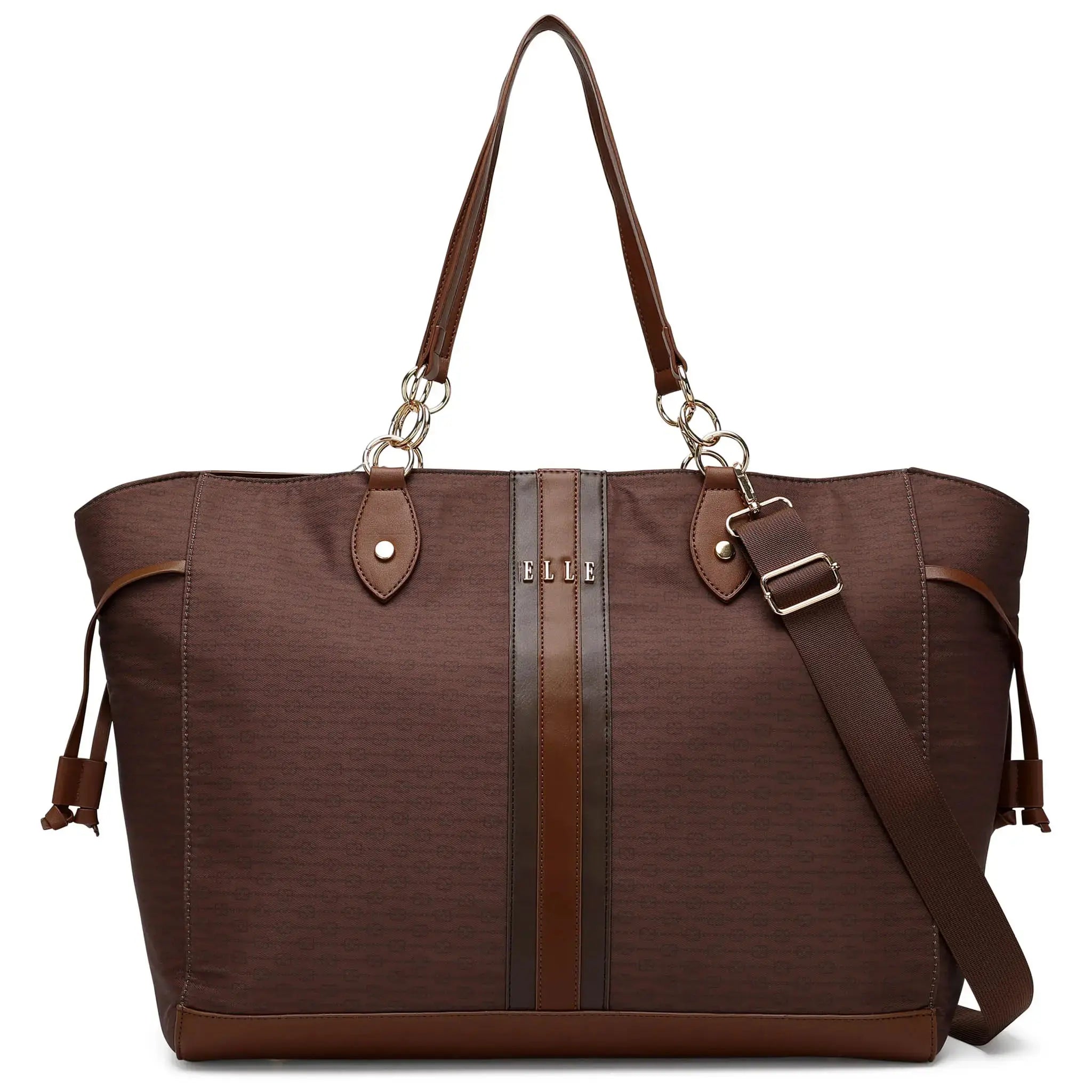 Brown handbag with a strap on a white background