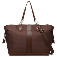 Brown handbag with a strap on a white background