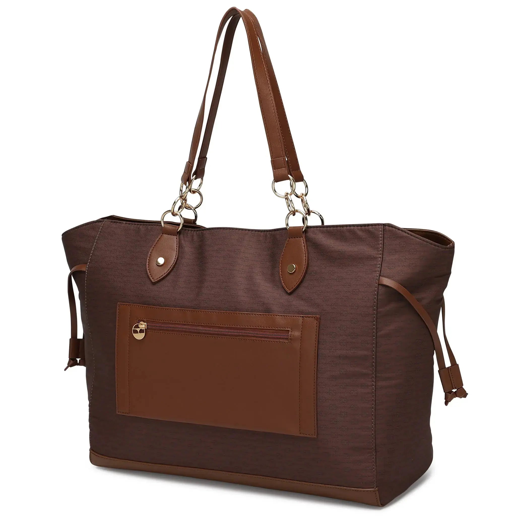 Brown tote bag with leather accents on a white background