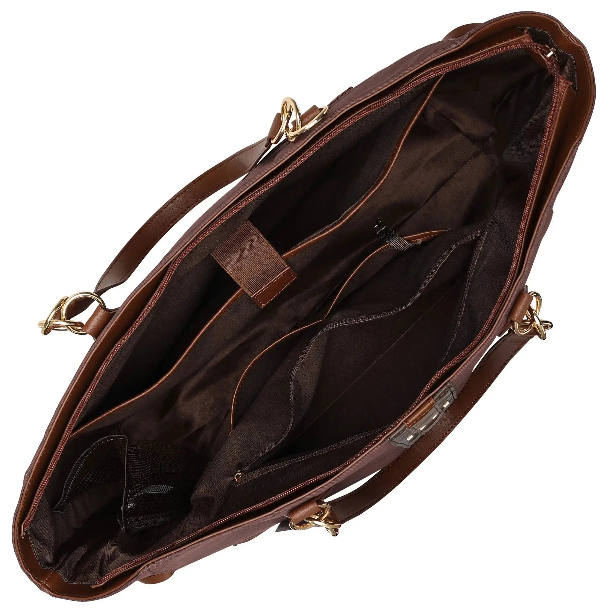 Brown leather handbag with gold hardware on a white background