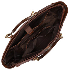 Brown leather handbag with gold hardware on a white background