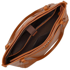 Brown leather handbag with a shoulder strap on a white background