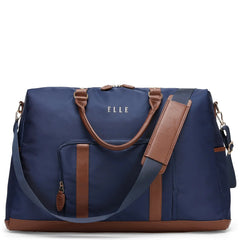 Blue duffel bag with brown accents and 'ELLE' branding on a white background