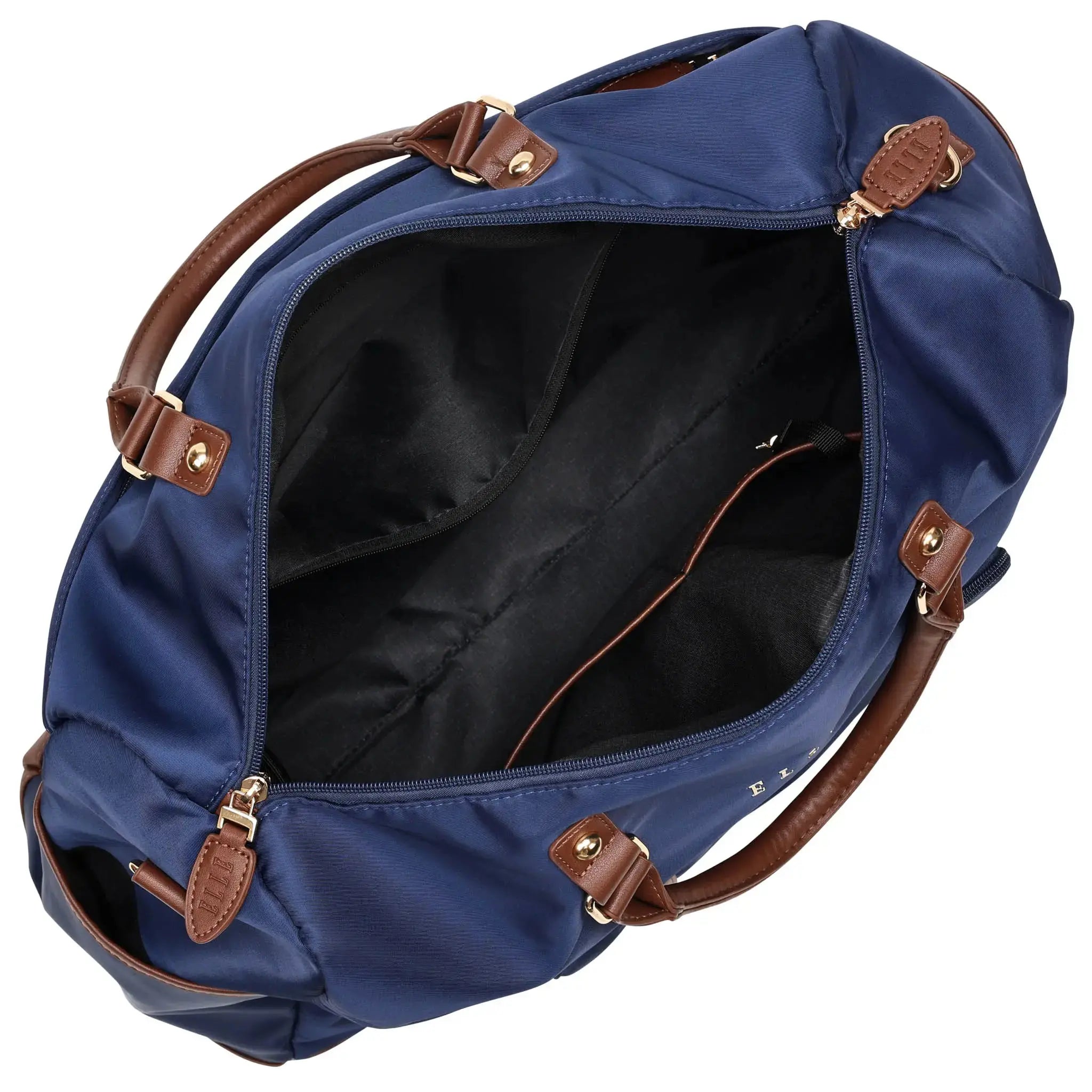 Blue bag with brown handles and straps on a white background