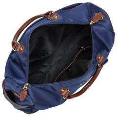 Blue bag with brown handles and straps on a white background