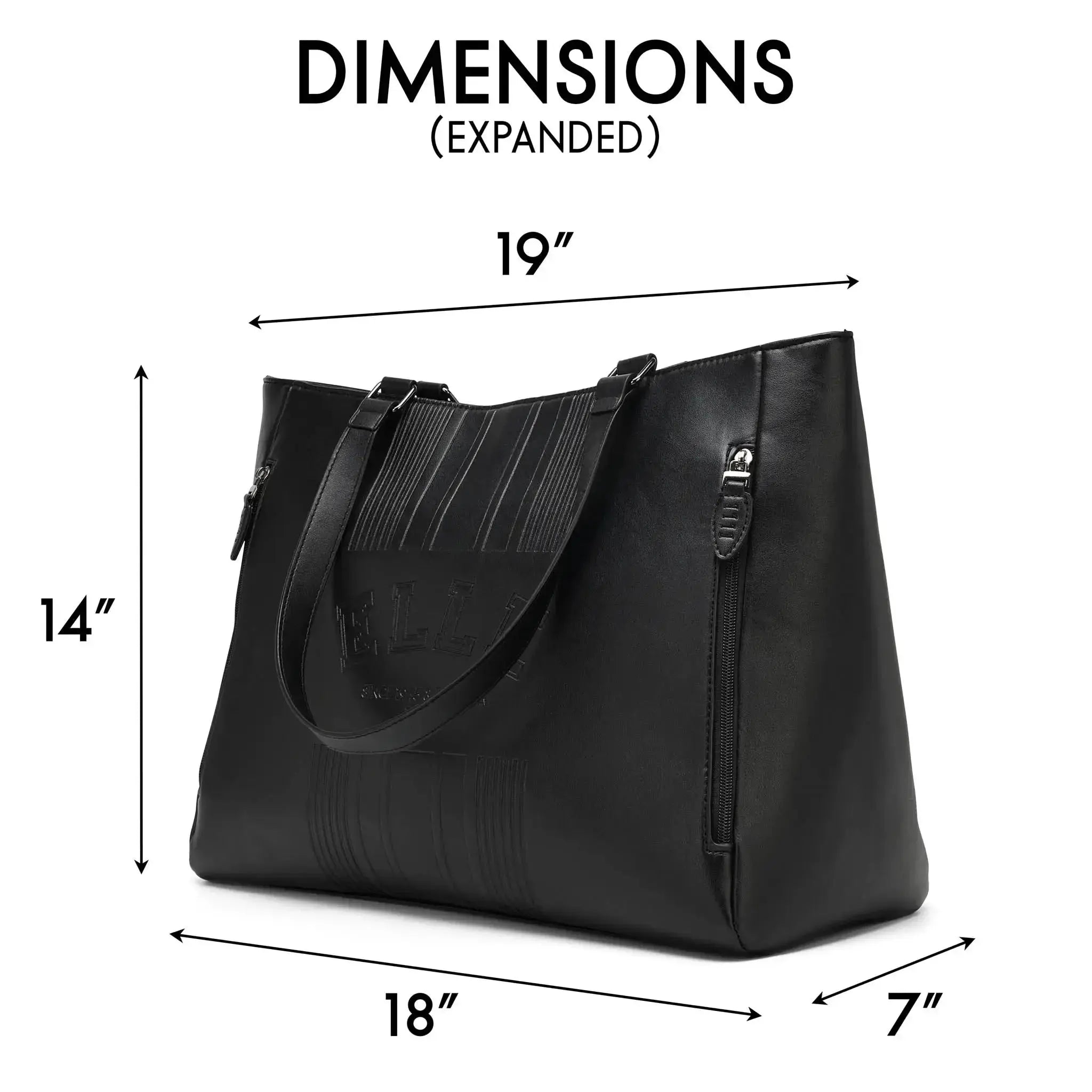 Black handbag with dimensions labeled on a white background