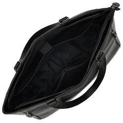 Black briefcase with a shoulder strap on a white background