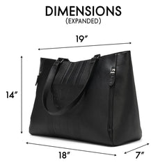 Black handbag with dimensions labeled on a white background