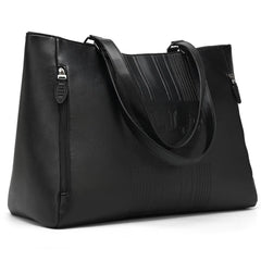 Black handbag with a strap on a white background