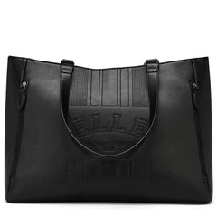 Black leather tote bag with 'ELLE' branding on a white background