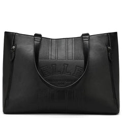 Black handbag with 'ELLE' branding on a white background