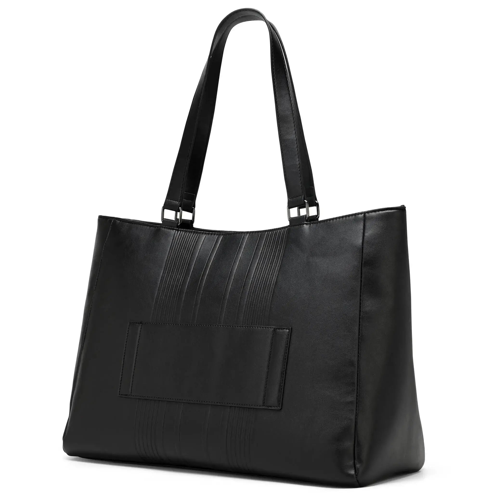Black handbag with a pocket on a white background