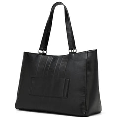 Black handbag with a pocket on a white background