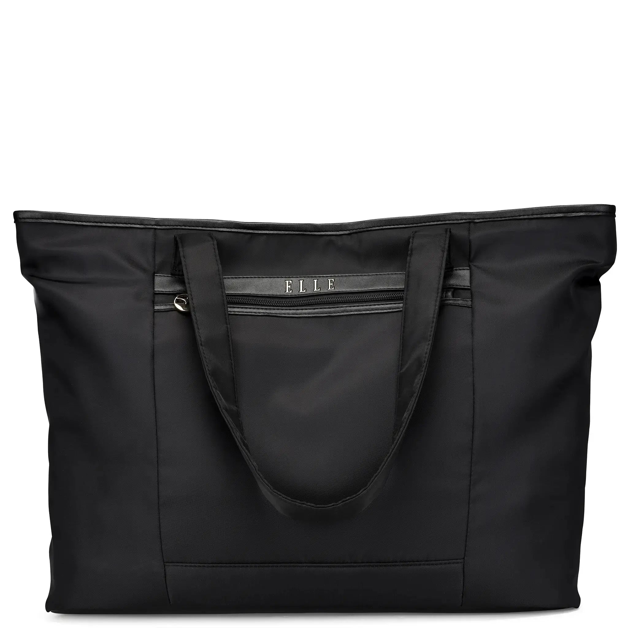 Black tote bag with 'ELLE' branding on a white background