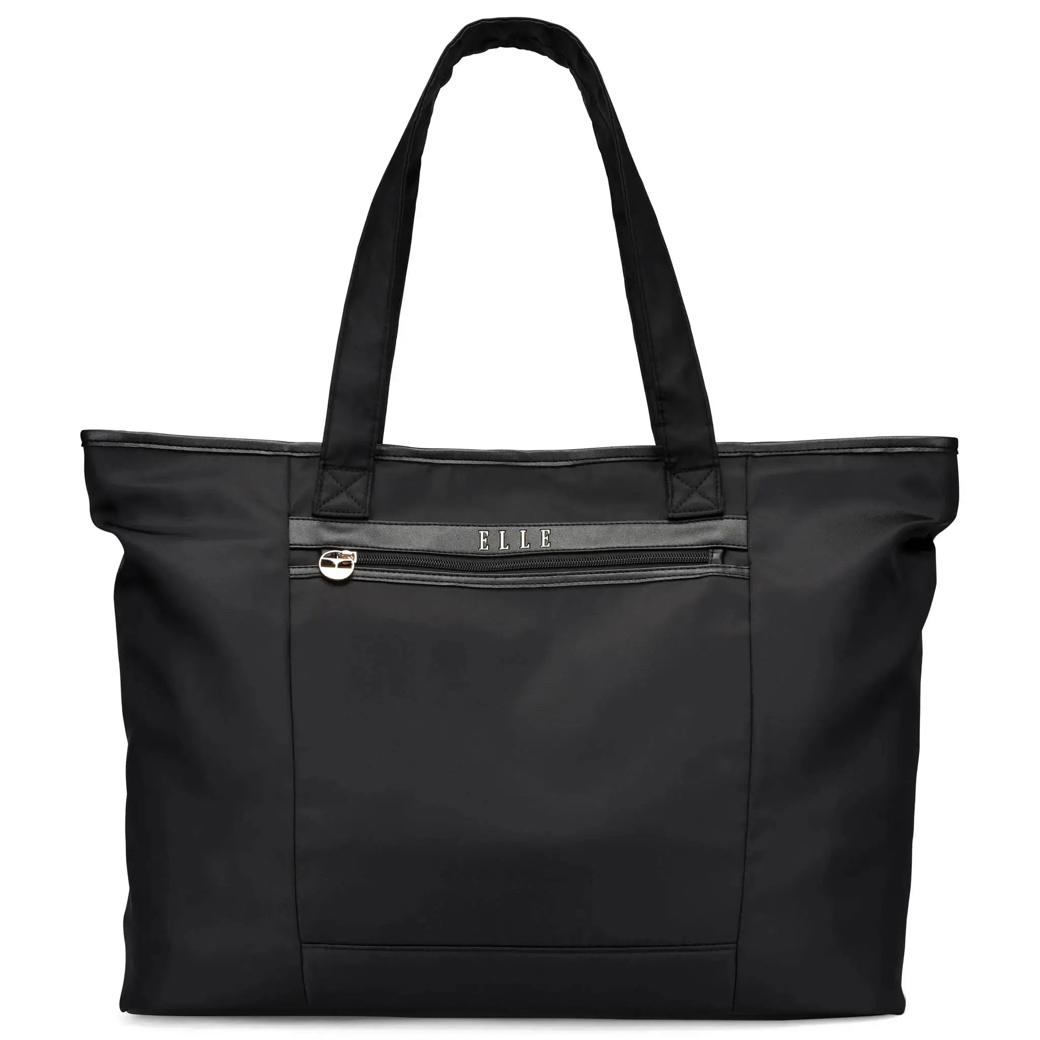 Black tote bag with 'ELLE' branding on a white background