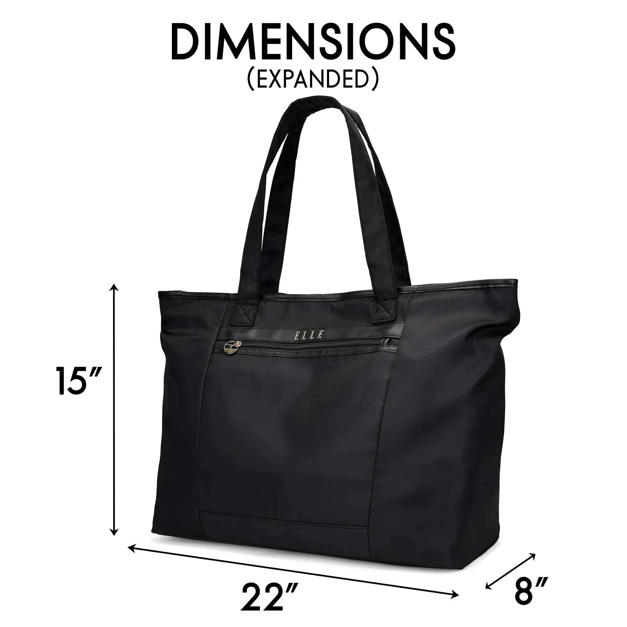 Black tote bag with dimensions labeled on a white background