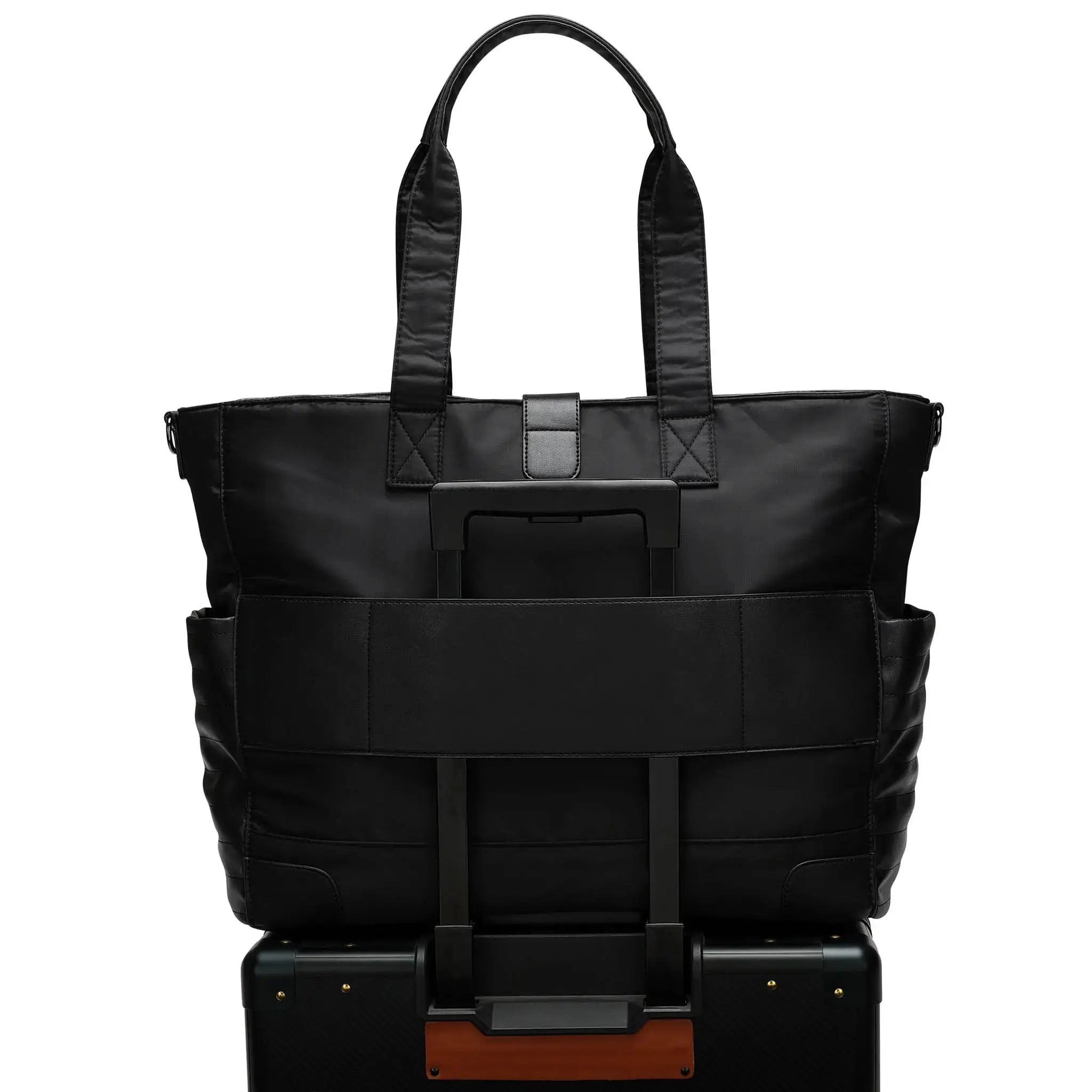 Black tote bag with multiple compartments on a white background