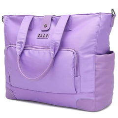 Purple tote bag with multiple pockets on a white background