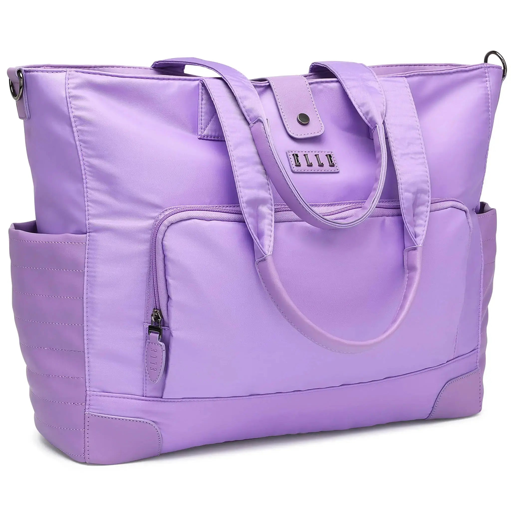 Purple tote bag with 'ELLE' branding on a white background