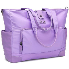 Purple tote bag with 'ELLE' branding on a white background