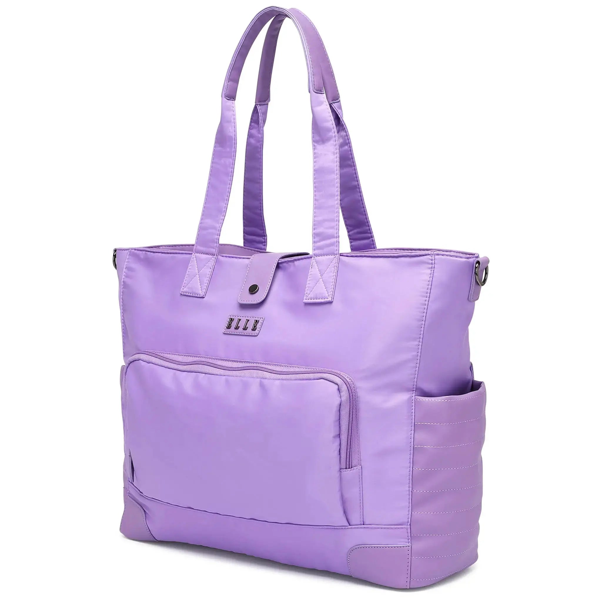 Purple tote bag with multiple pockets on a white background