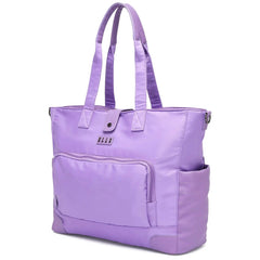 Purple tote bag with multiple pockets on a white background