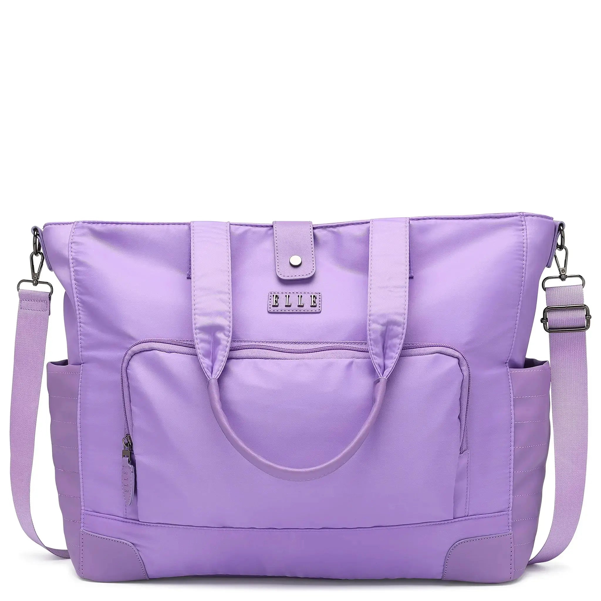 Purple tote bag with shoulder straps on a white background