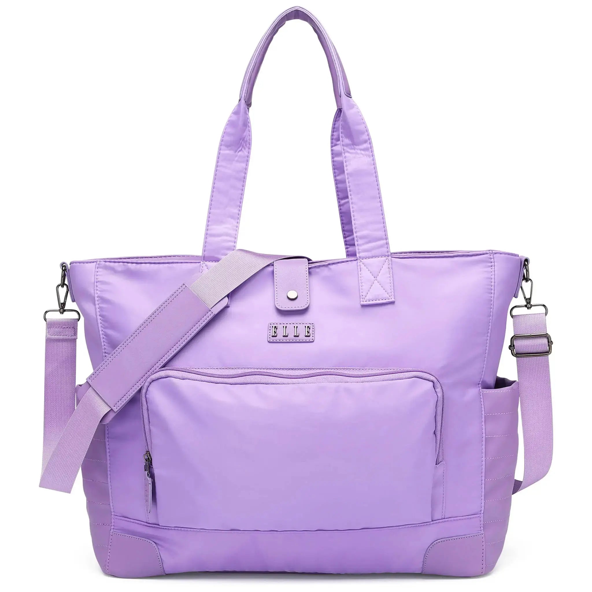 Purple tote bag with shoulder strap on a white background