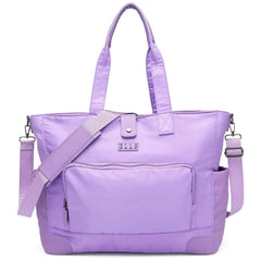 Purple tote bag with shoulder strap on a white background