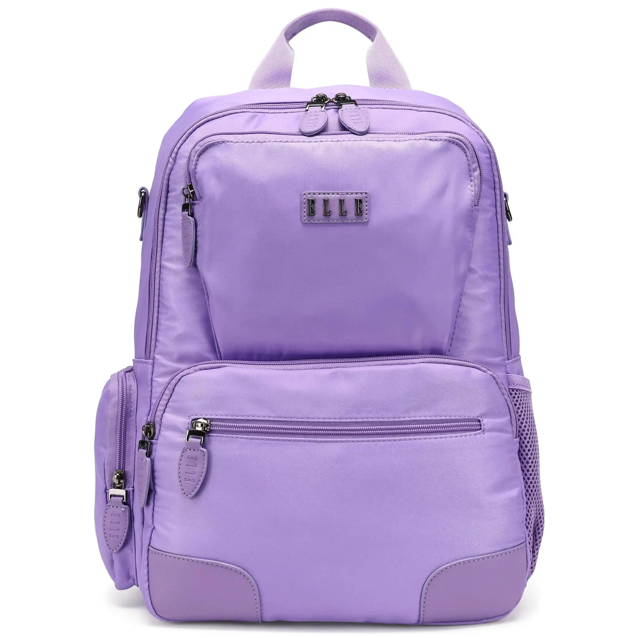 Purple backpack with a visible brand logo on a white background