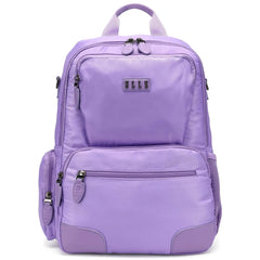 Purple backpack with a visible brand logo on a white background