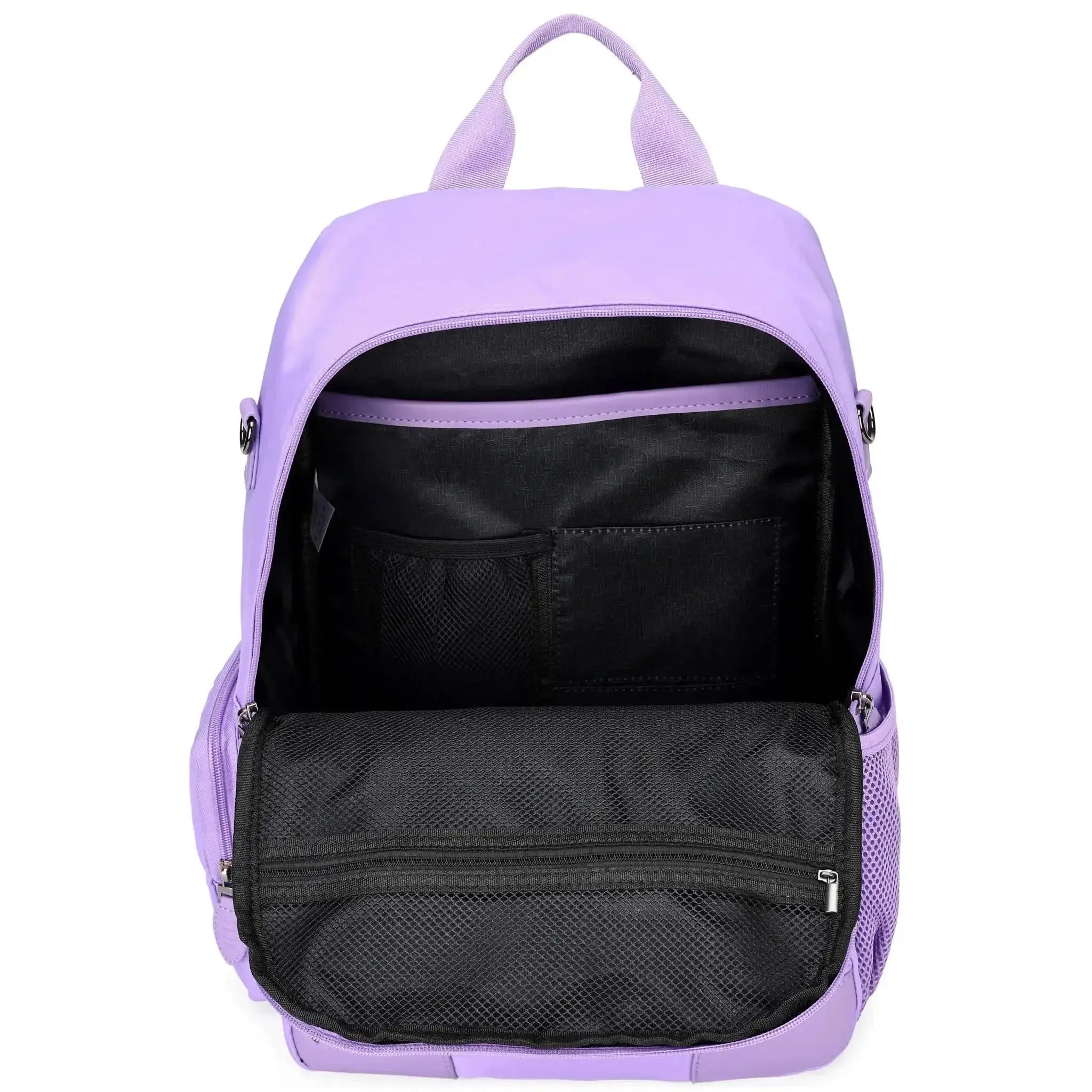 Purple backpack with black interior on a white background