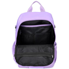 Purple backpack with open compartments on a white background